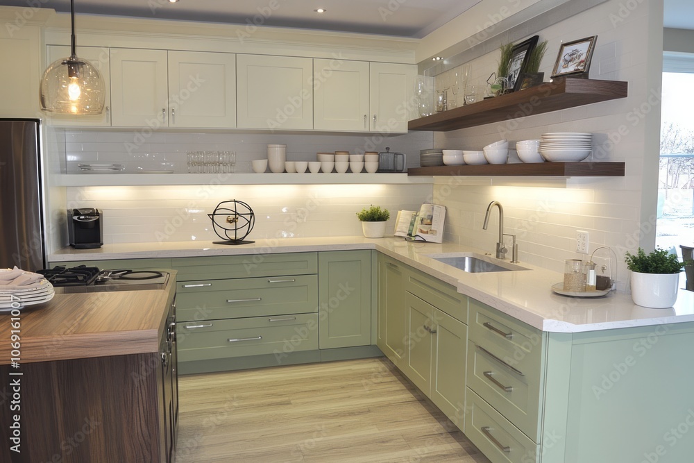 Fototapeta premium Modern Kitchen with Green Cabinets, White Tile, and Wood Accents