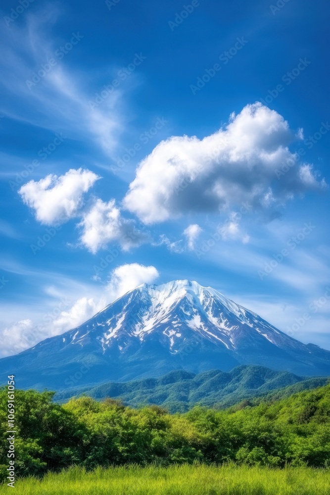 Majestic snow-capped mountain peak against a blue sky with fluffy white clouds Majestic snow-capped mountain peak against a blue sky with fluffy white clouds