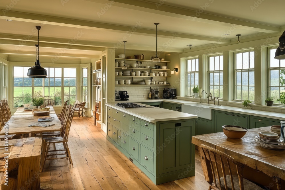 Country Kitchen with Farmhouse Dining Table and Green Cabinets Country Kitchen with Farmhouse Dining Table and Green Cabinets