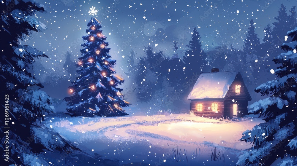 Winter Scene with Christmas Tree and Cozy Cabin Winter Scene with Christmas Tree and Cozy Cabin