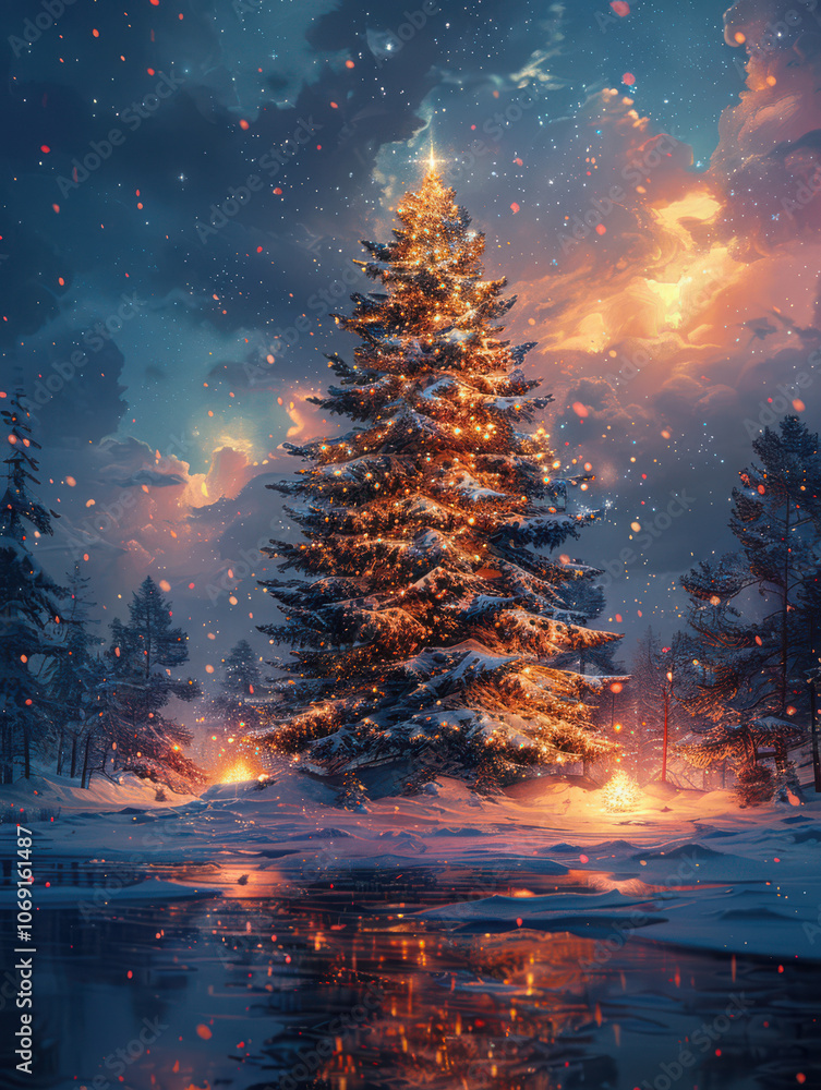 Enchanted Christmas Tree by the Frozen Lake