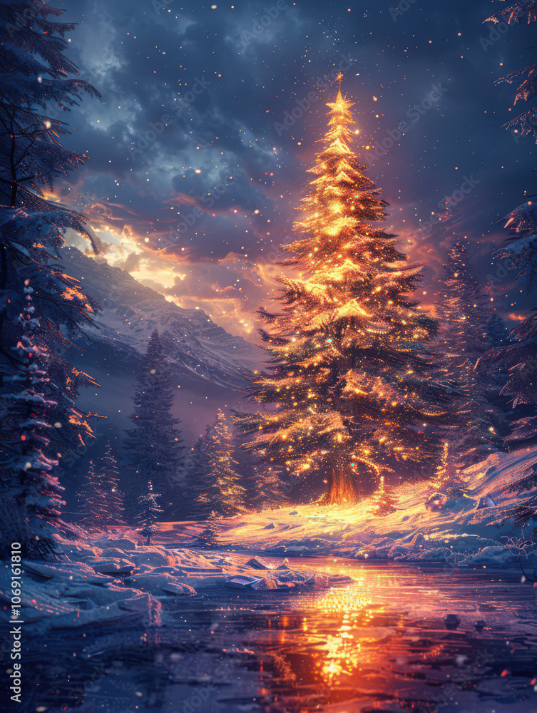 Enchanted Christmas Tree by the Frozen Lake