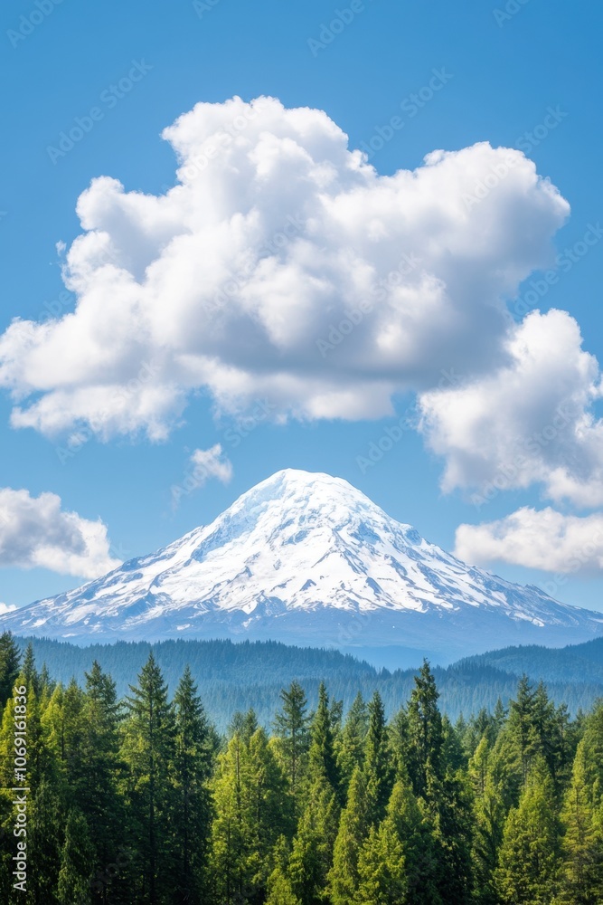 Majestic snow-capped mountain peak rising above a lush, forested landscape under a dramatic cloudy sky Majestic snow-capped mountain peak rising above a lush, forested landscape under a dramatic cloudy sky