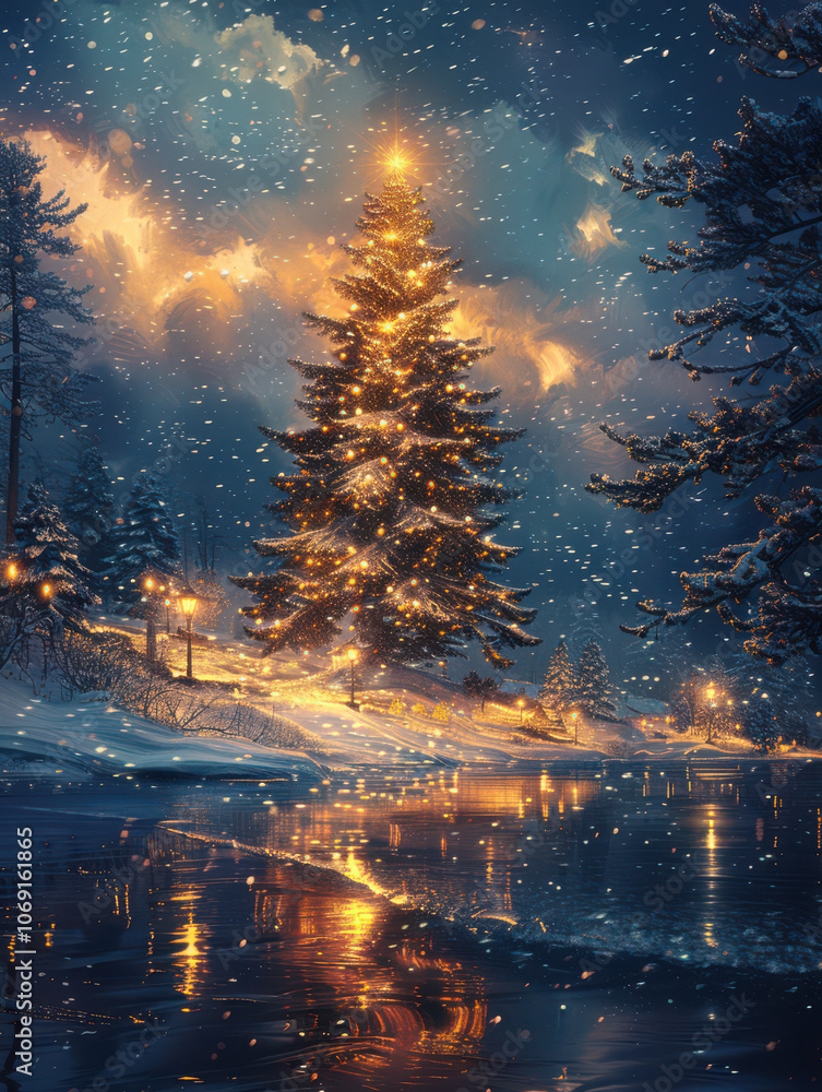 Enchanted Christmas Tree by the Frozen Lake