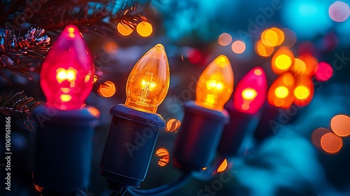 Vibrant Close-Up of Colorful Outdoor Christmas Lights in Festive Setting : Generative AI photo