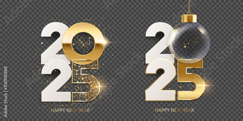 Happy new year 2025. Golden numbers with transparent Christmas ball and confetti, isolated on transparent background.
