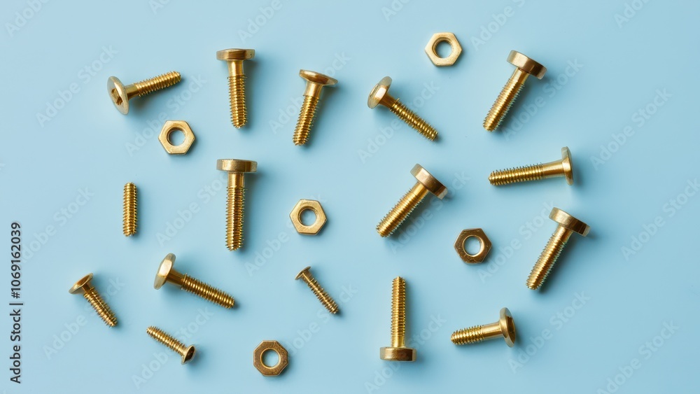 Screws and bolts for furniture repair. Golden screws and nuts are scattered on a light blue background, creating a contrast with their metallic sheen. Screws and bolts for furniture repair. Golden screws and nuts are scattered on a light blue background, creating a contrast with their metallic sheen.