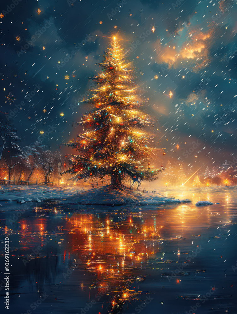Enchanted Christmas Tree by the Frozen Lake