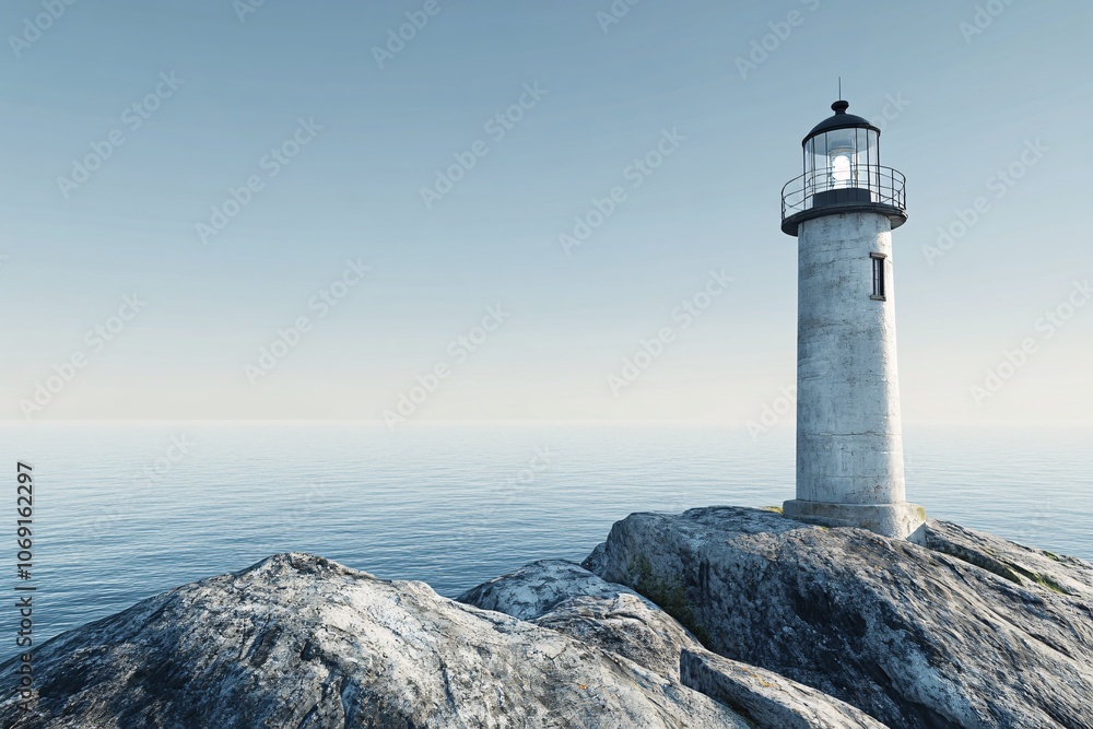 Lighthouse on a Rocky Coast with Calm Ocean and Blue Sky Lighthouse on a Rocky Coast with Calm Ocean and Blue Sky
