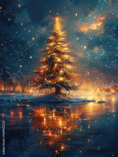 Obraz na płótnie Enchanted Christmas Tree by the Frozen Lake w salonie