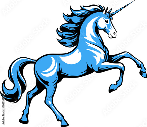a mythological stylized unicorn in blue white and black raised on its hind legs