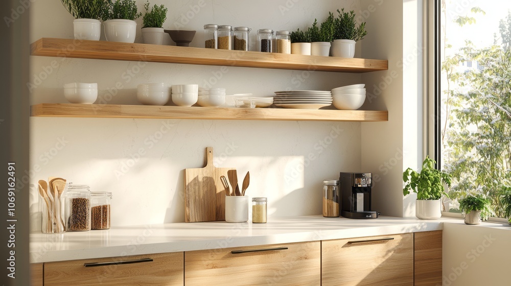 Modern Kitchen Interior with Wooden Shelves and Cabinets Modern Kitchen Interior with Wooden Shelves and Cabinets