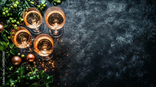 New Year's celebration concept with champagne glasses and sparklers on a black background, with copy space for a text banner photo