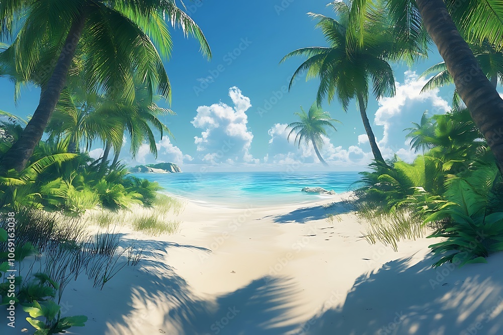Palm Trees and Lush Foliage Frame a Calm Beach Scene Palm Trees and Lush Foliage Frame a Calm Beach Scene