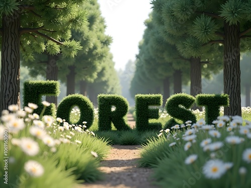 Forest, 3D realistic forest script. Forest path, wild flowers, tall pine trees and nature background. Digital art... photo