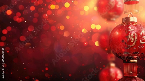 banner, Chinese New Year, Spring Festival, bright background, delicate sakura branches,garlands of glowing red paper lanterns, glitter and radiance, bokeh effect, copy space, free space for text