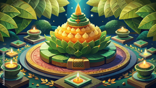 An ultra-realistic close-up of an intricately handcrafted Thai krathong, meticulously made with banana leaves folded into traditional, elaborate patterns. The layers of banana leaves are perfectly arr