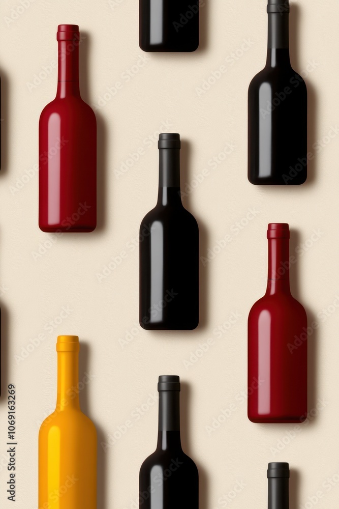 Assortment of red and black wine bottles on a beige background Assortment of red and black wine bottles on a beige background