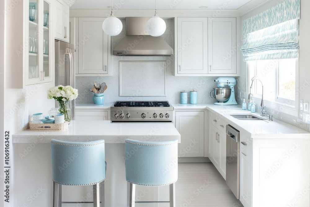 Modern White Kitchen with Blue Accents and a Kitchen Island with Two Stools Modern White Kitchen with Blue Accents and a Kitchen Island with Two Stools