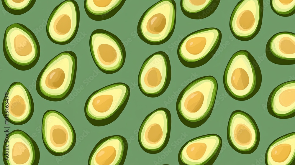 A pattern of fresh avocados arranged on green background in a seamless and organic flat lay style A pattern of fresh avocados arranged on green background in a seamless and organic flat lay style