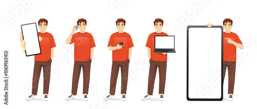 Portrait of young teenage man in casual clothes holding devices, talking, texting and showing empty screens of mobile phone and laptop computer. Isolated set vector illustration set