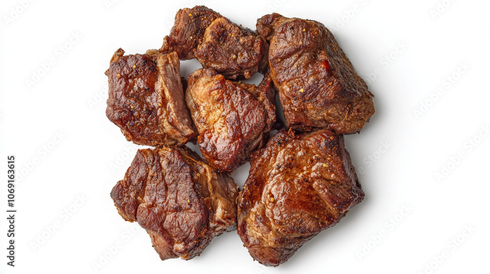 A close-up of cooked beef chunks, showcasing their rich color and texture. A close-up of cooked beef chunks, showcasing their rich color and texture.
