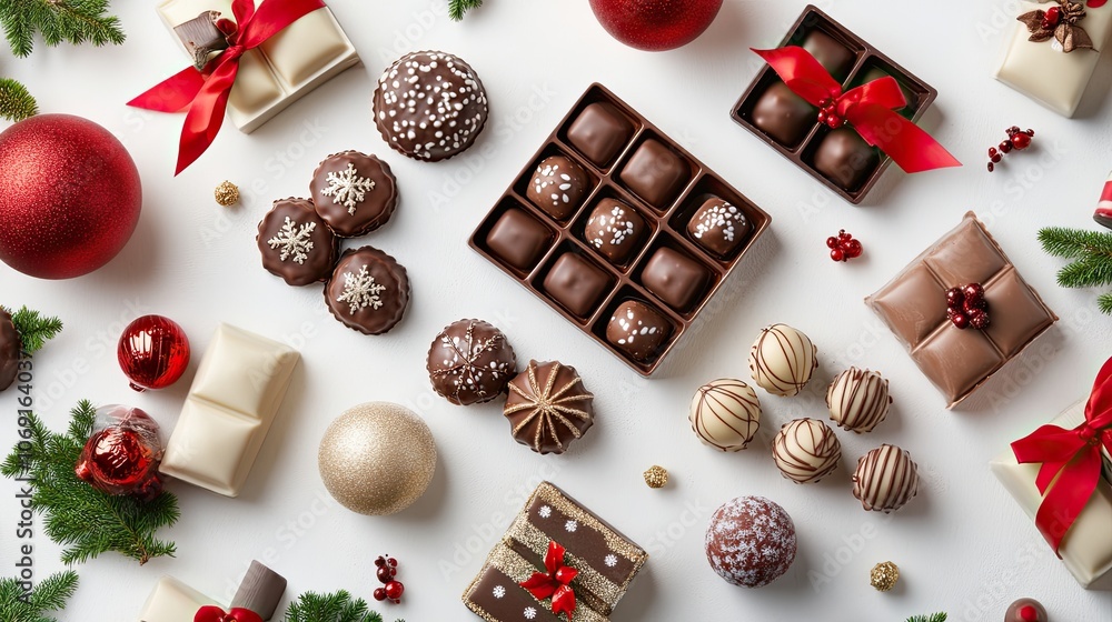 A selection of New Year chocolates in elegant packaging, arranged with festive ribbons on a crisp white background A selection of New Year chocolates in elegant packaging, arranged with festive ribbons on a crisp white background