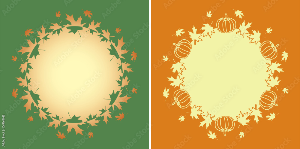 autumn maple leaves and pumpkins. vector decorative frames on color backgrounds