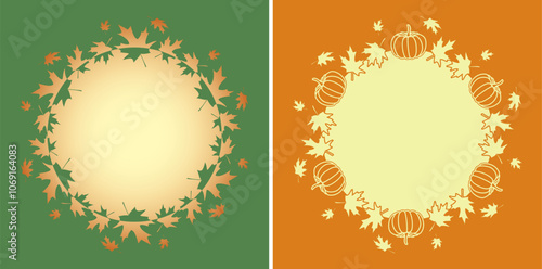 Obraz na płótnie autumn maple leaves and pumpkins. vector decorative frames on color backgrounds w salonie