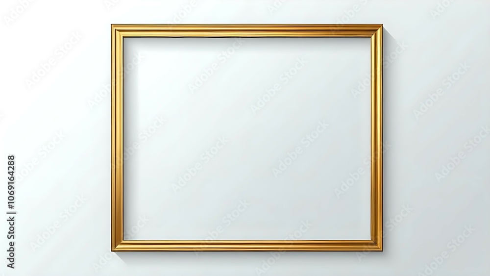 Fototapeta premium A simple gold picture frame, hanging on a white wall, isolated.