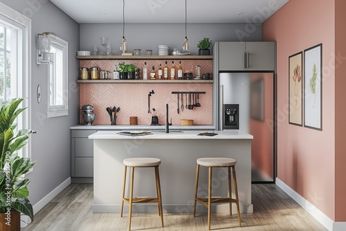 Modern Kitchen Interior with Pink Tile Backsplash and Wooden Bar Stools