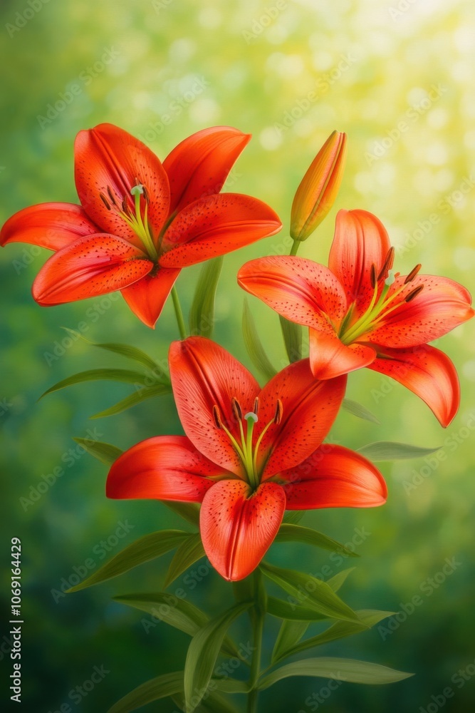 Vibrant red lilies blooming in a lush green field Vibrant red lilies blooming in a lush green field