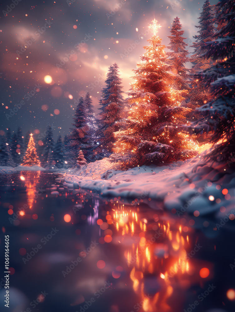 Enchanted Christmas Tree by the Frozen Lake