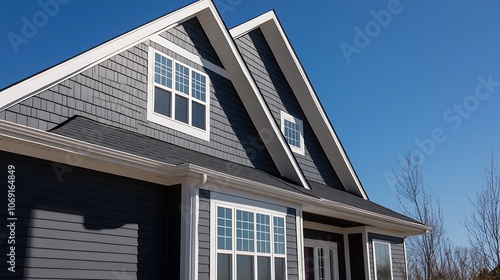 Stylish Suburban Home with Shingled Roof and White Accents on a Sunny Day : Generative AI