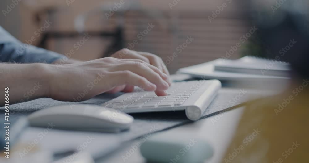 Close-up of male hands typing with wireless computer keyboard while businessperson working at desk in office. Business and technology concept. Close-up of male hands typing with wireless computer keyboard while businessperson working at desk in office. Business and technology concept.