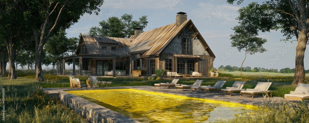 Stylish country home, 3D visualization, hickory roof, pool in vibrant yellow. Stylish country home, 3D visualization, hickory roof, pool in vibrant yellow.