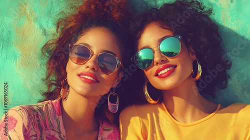 Two happy young women in sunglasses lying on a beach towel, looking at the camera and smiling.