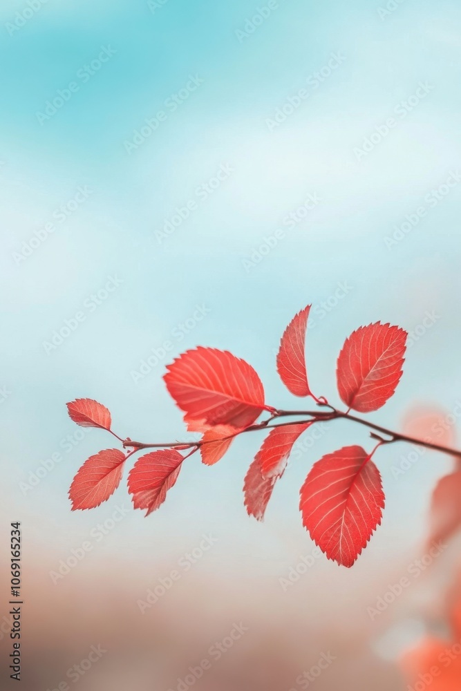 Vibrant red autumn leaves on a branch against a soft blue background Vibrant red autumn leaves on a branch against a soft blue background