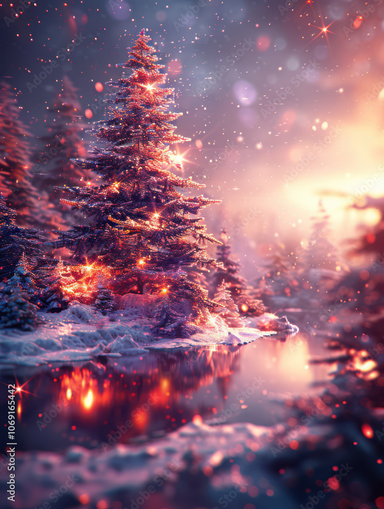 Enchanted Christmas Tree by the Frozen Lake