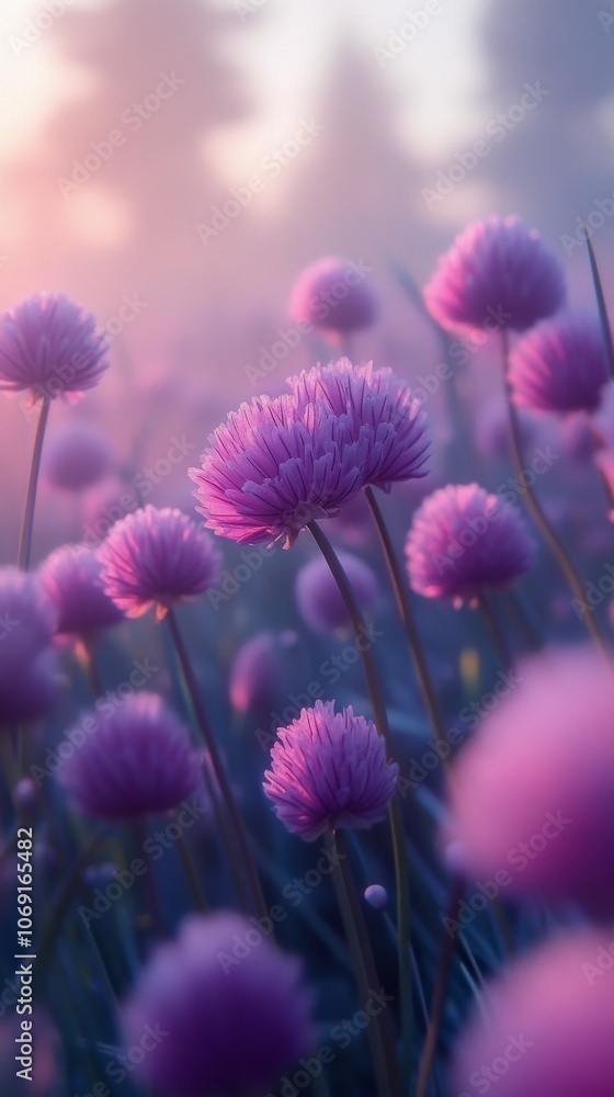 Purple flowering chives sway gently in a serene garden at sunset showcasing natures beauty Purple flowering chives sway gently in a serene garden at sunset showcasing natures beauty