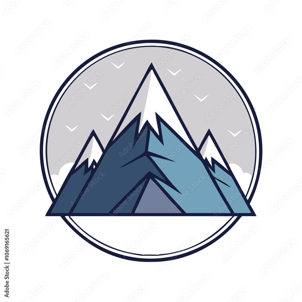 Mountain Range Icon with Snow Caps and Birds, Illustration of a mountain range with snow-capped peaks, birds, and circular frame, symbolizing nature, adventure, and exploration, ideal for travel and o Mountain Range Icon with Snow Caps and Birds, Illustration of a mountain range with snow-capped peaks, birds, and circular frame, symbolizing nature, adventure, and exploration, ideal for travel and o