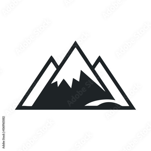 Mountain Range Icon with Sun in Black and White, Black and white illustration of a mountain range with snow caps and a sun, symbolizing nature, adventure, and outdoor exploration, ideal for minimalist