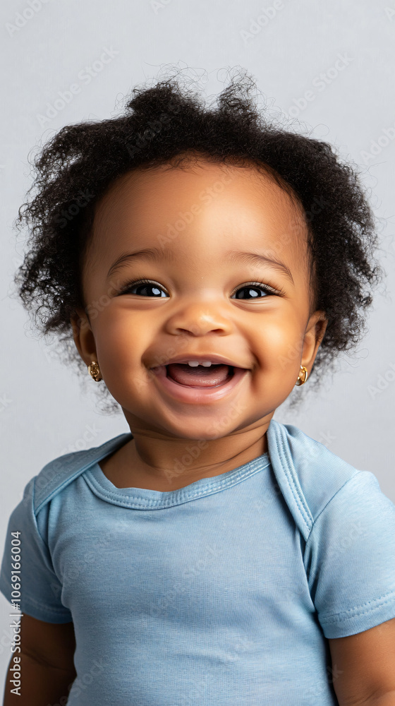Adorable baby girl is wearing a blue shirt and smiling on a white background Adorable baby girl is wearing a blue shirt and smiling on a white background