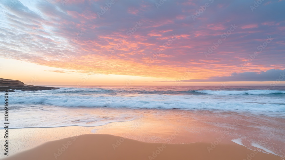 A tranquil beach at sunset with golden sand and gentle waves lapping the shore A tranquil beach at sunset with golden sand and gentle waves lapping the shore