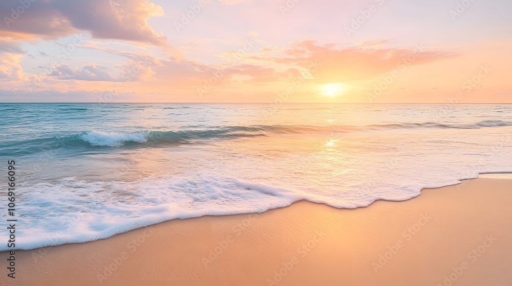 Obraz premium A tranquil beach at sunset with golden sand and gentle waves lapping the shore