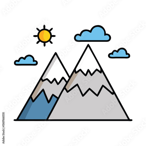 Mountain Icon with Sun and Cloud, Illustration of mountains with a sun and cloud, representing nature, adventure, and outdoor exploration, ideal for travel and scenic themes.
