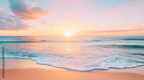 A tranquil beach at sunset with golden sand and gentle waves lapping the shore