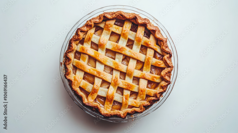 A freshly baked apple pie with a lattice crust, perfect for dessert or a gathering. A freshly baked apple pie with a lattice crust, perfect for dessert or a gathering.