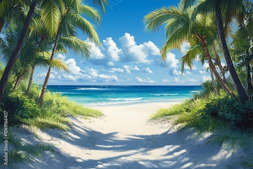 Palm Trees Frame White Sandy Path to Turquoise Ocean