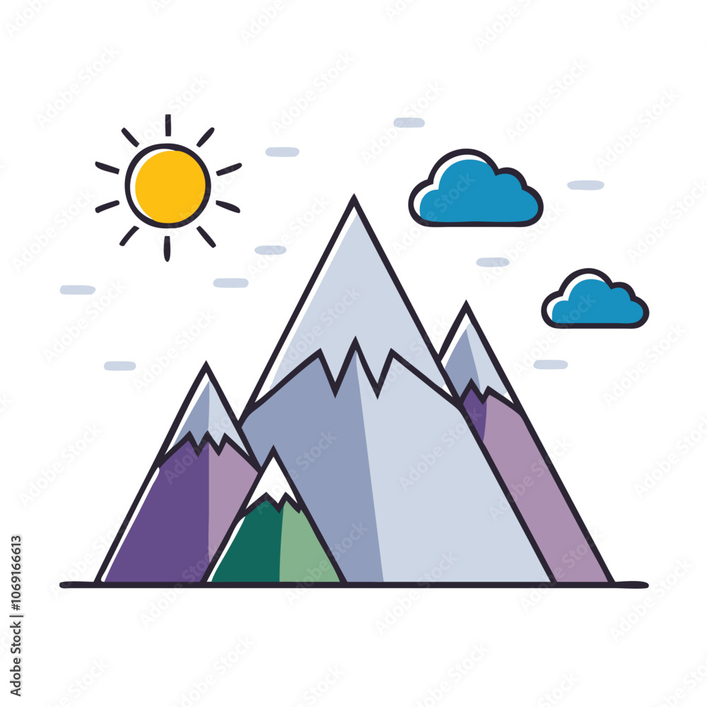 Mountain Icon with Sun and Cloud, Illustration of mountains with a sun and cloud, representing nature, adventure, and outdoor exploration, ideal for travel and scenic themes.
Mountain Icon with Sun and Cloud, Illustration of mountains with a sun and cloud, representing nature, adventure, and outdoor exploration, ideal for travel and scenic themes.